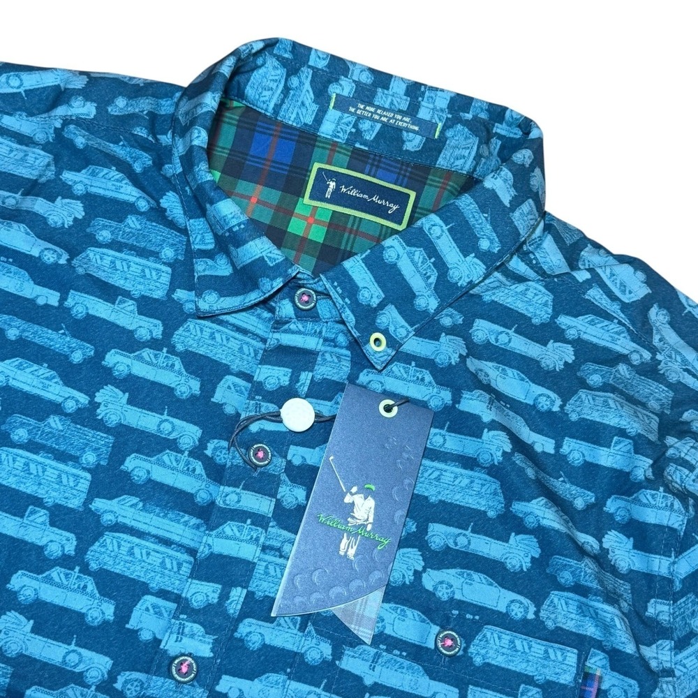 William Murray Moving Violation Button Down Shirt Navy Blue Car Print Mens L NEW